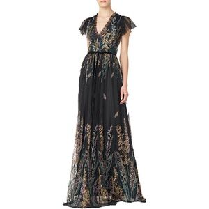 Monique Lhulier Elegant Black Floral Maxi Dress